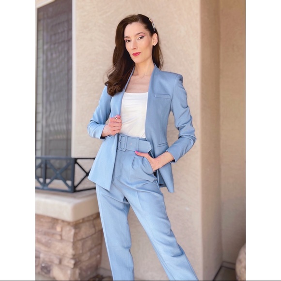 💙SOLD ZARA 2 PIECE ✨NWT✨ Powder Blue Pantsuit Lapeless Blazer & Belted Pants - Picture 9 of 9